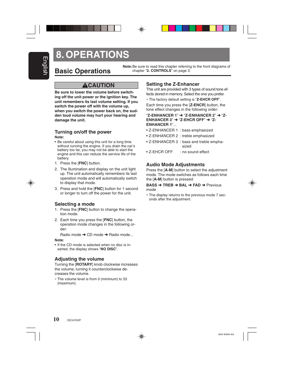 Operations, Basic operations, English | Caution | Clarion DB345MP User Manual | Page 9 / 20