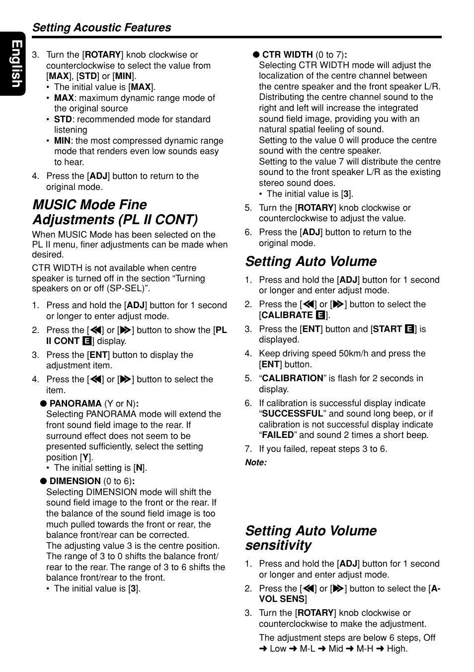 English, Setting auto volume, Setting auto volume sensitivity | Music mode fine adjustments (pl ii cont), Setting acoustic features | Clarion DVH943 User Manual | Page 10 / 16