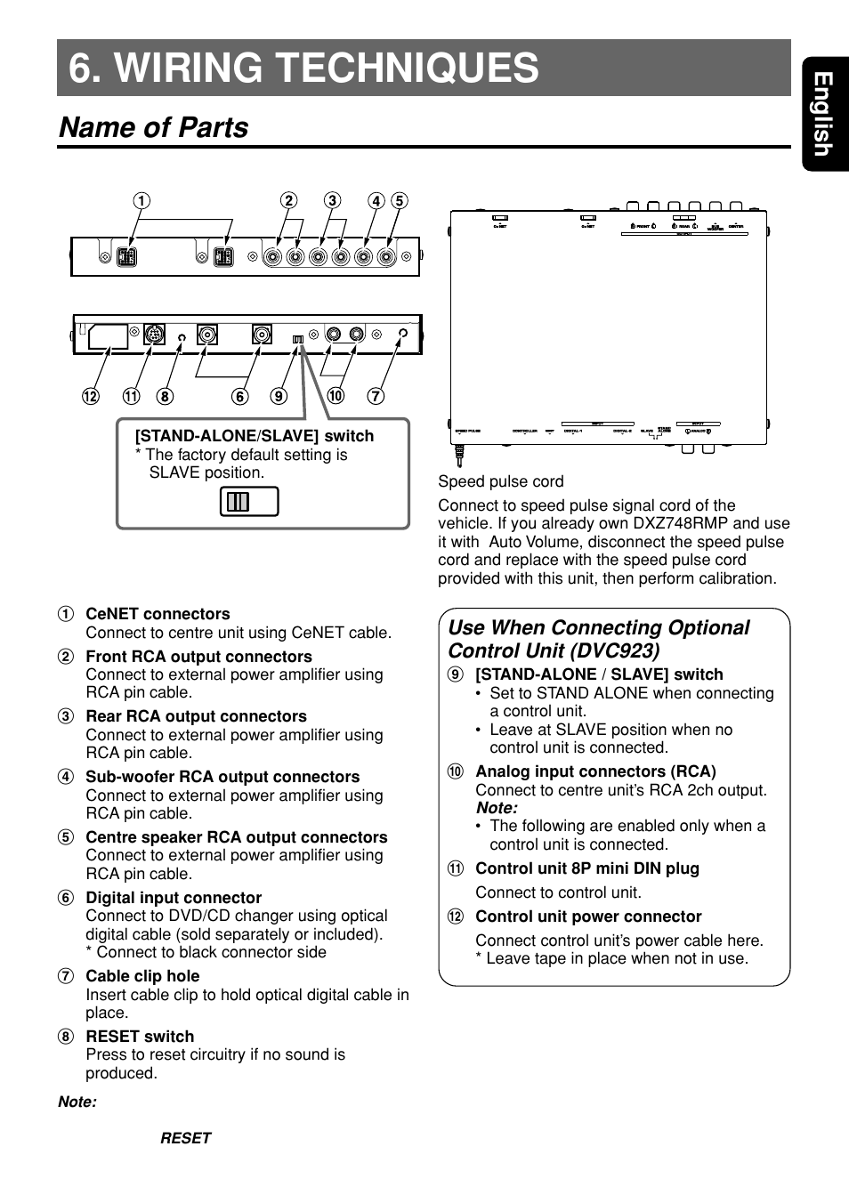 Wiring techniques, Name of parts, Wiring techniques name of parts | 11 english, Use when connecting optional control unit (dvc923) | Clarion DVH943 User Manual | Page 11 / 16