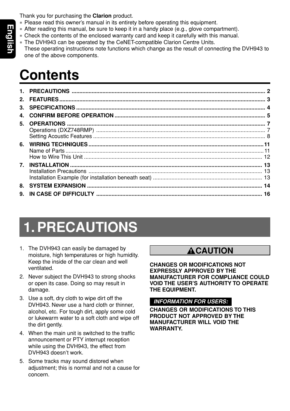 Clarion DVH943 User Manual | Page 2 / 16
