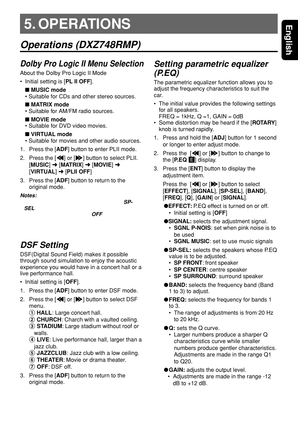 Operations, Operations (dxz748rmp), Operations operations (dxz748rmp) | 7english dolby pro logic ii menu selection, Dsf setting, Setting parametric equalizer (p.eq) | Clarion DVH943 User Manual | Page 7 / 16