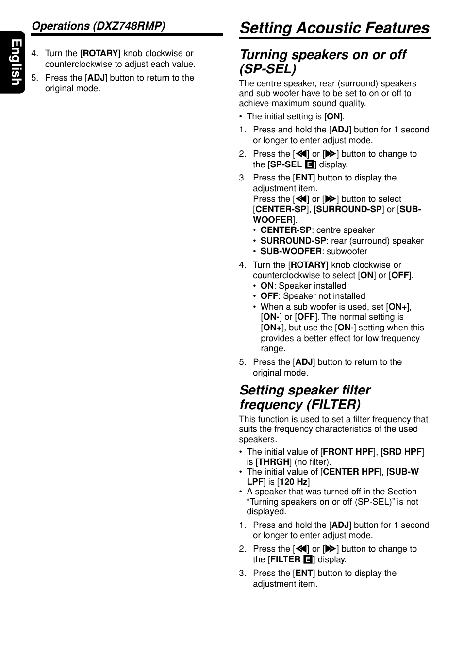 Setting acoustic features, English turning speakers on or off (sp-sel), Setting speaker filter frequency (filter) | Operations (dxz748rmp) | Clarion DVH943 User Manual | Page 8 / 16