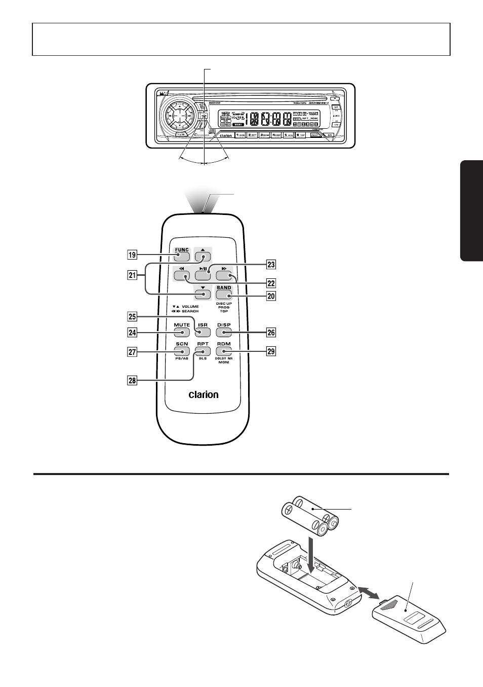 Remote control (rdx555d only), 7english, Inserting the batteries | Remote control unit | Clarion RDX455D User Manual | Page 5 / 16