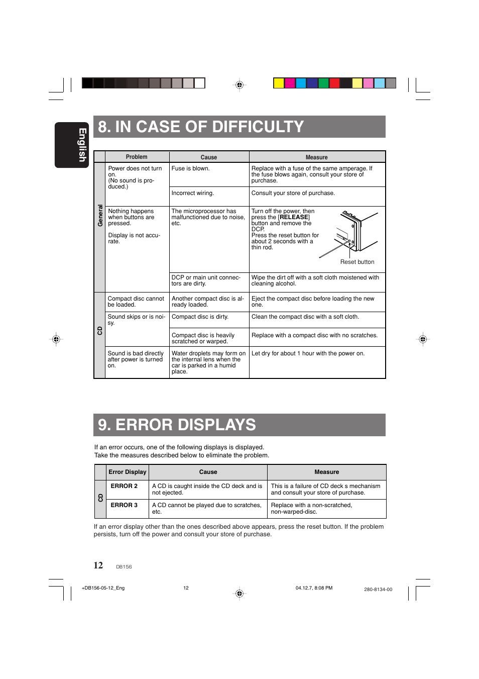 In case of difficult, Error displays, Error displays 8. in case of difficulty | English | Clarion DB156 User Manual | Page 10 / 11