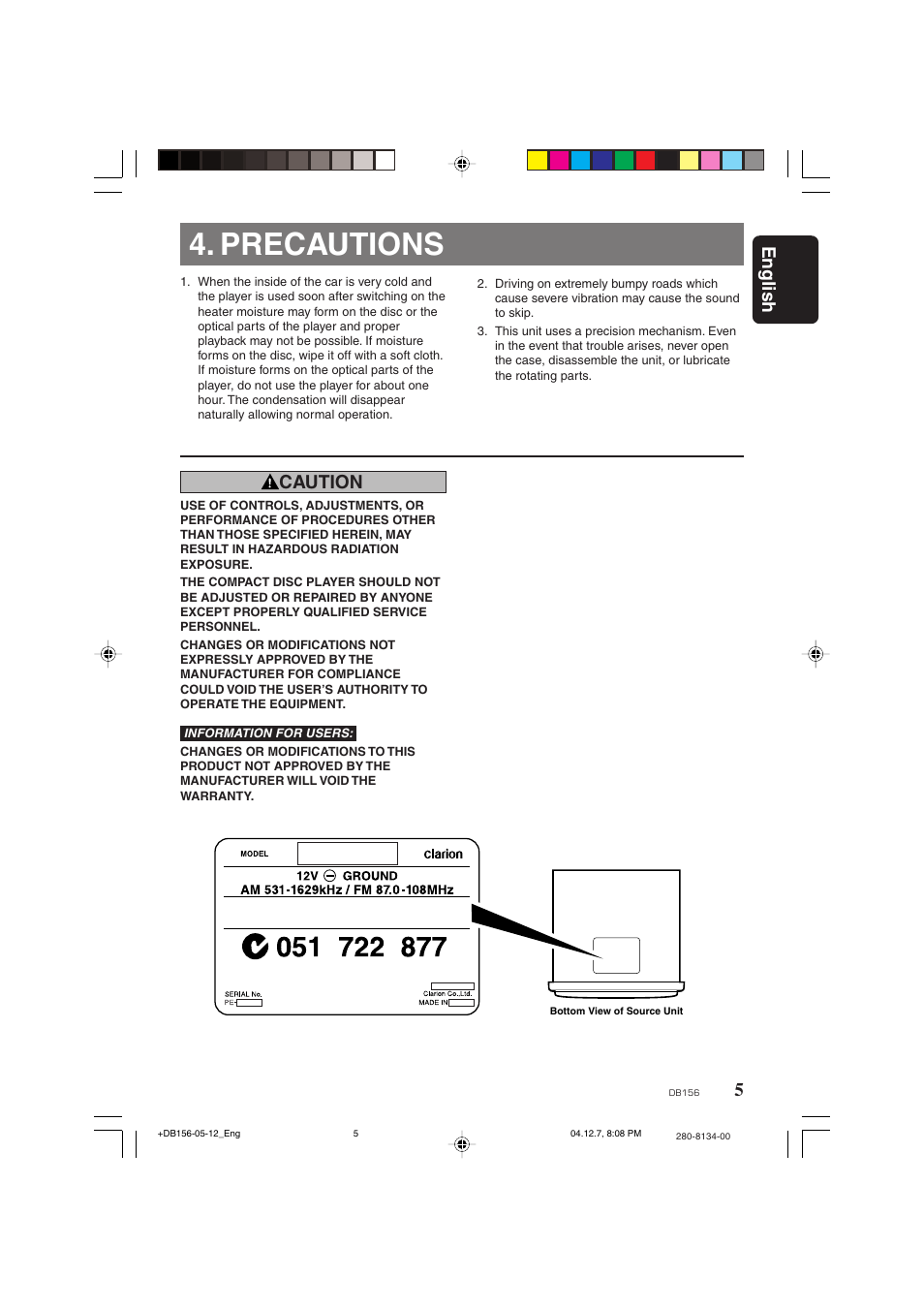 Precautions, 5english, Caution | Clarion DB156 User Manual | Page 3 / 11