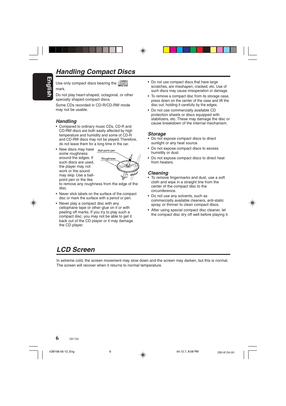 Handling compact discs, Lcd screen, English | Handling, Storage, Cleaning | Clarion DB156 User Manual | Page 4 / 11