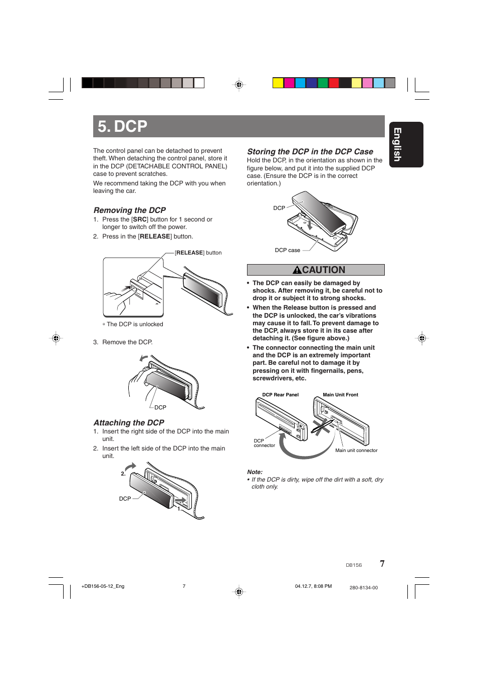 7english, Caution, Removing the dcp | Attaching the dcp, Storing the dcp in the dcp case | Clarion DB156 User Manual | Page 5 / 11