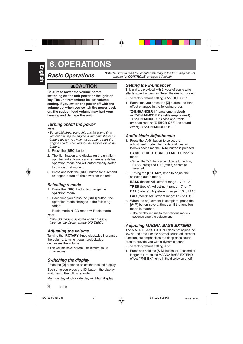 Operations, Basic operations, English | Caution | Clarion DB156 User Manual | Page 6 / 11