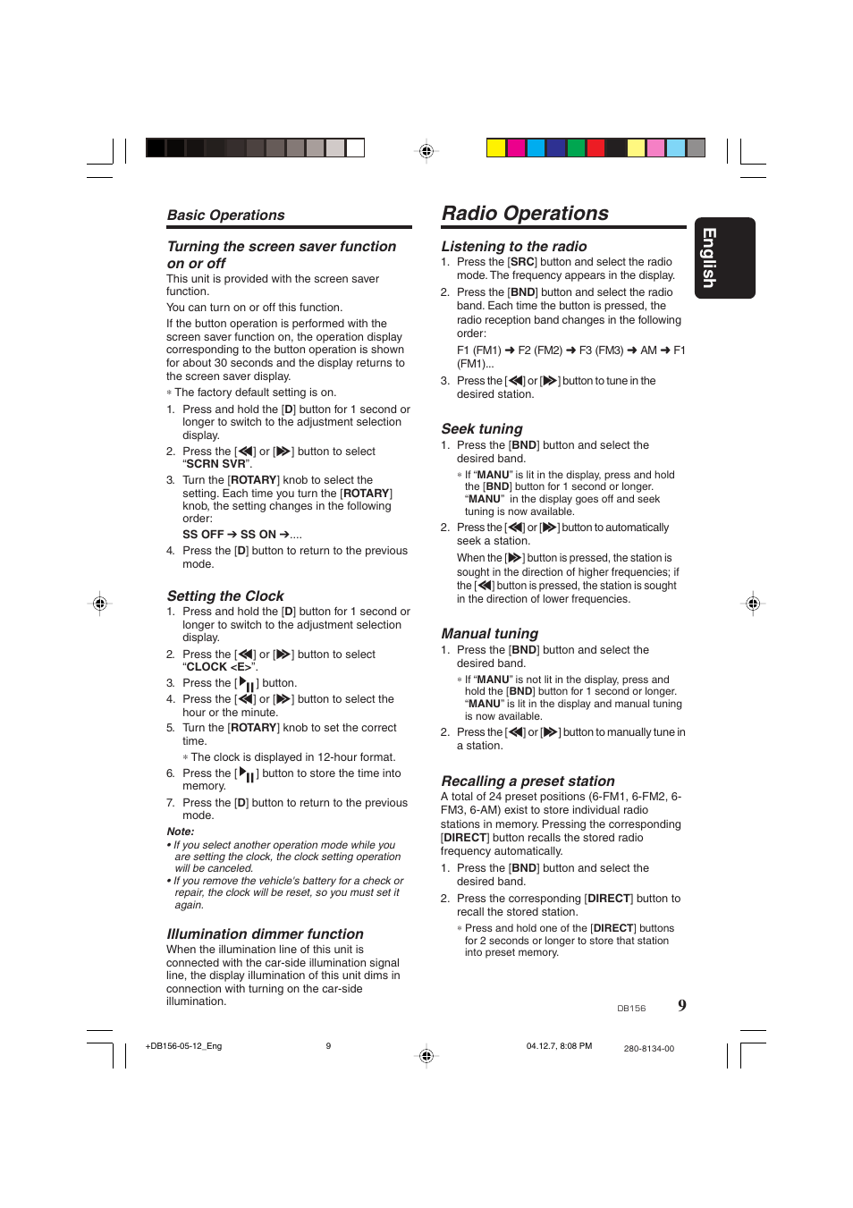 Radio operations, 9english, Turning the screen saver function on or off | Setting the clock, Illumination dimmer function, Basic operations, Listening to the radio, Seek tuning, Manual tuning, Recalling a preset station | Clarion DB156 User Manual | Page 7 / 11
