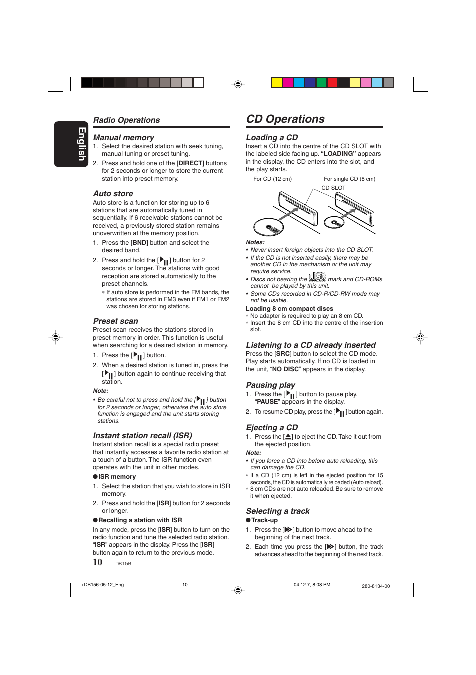 Cd operations, English, Loading a cd | Listening to a cd already inserted, Pausing play, Ejecting a cd, Selecting a track, Auto store, Preset scan, Instant station recall (isr) | Clarion DB156 User Manual | Page 8 / 11