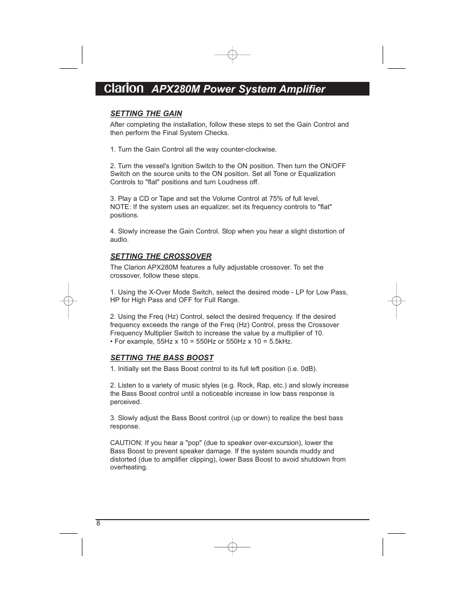 Apx280m power system amplifier | Clarion APX280M User Manual | Page 10 / 14