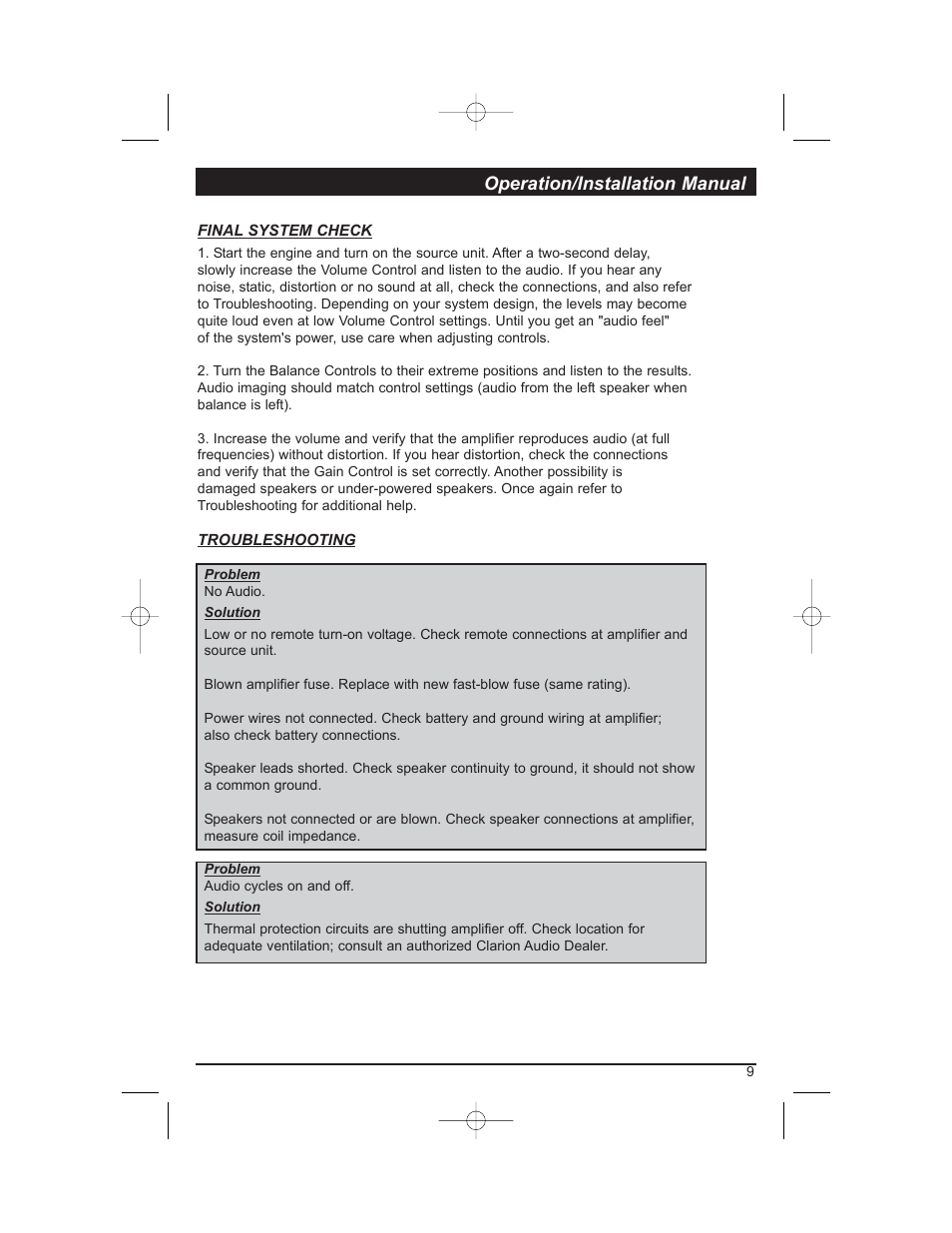 Operation/installation manual | Clarion APX280M User Manual | Page 11 / 14