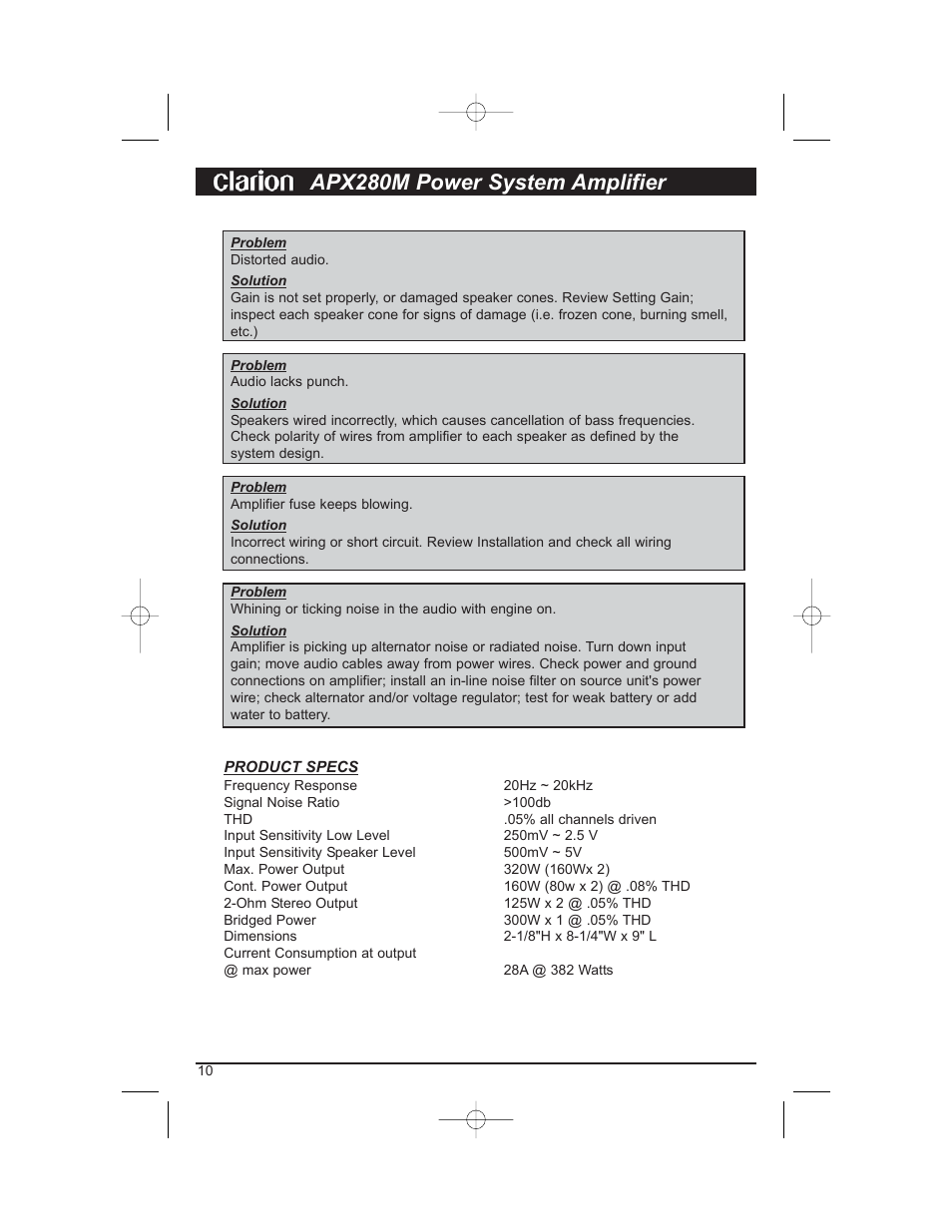 Apx280m power system amplifier | Clarion APX280M User Manual | Page 12 / 14