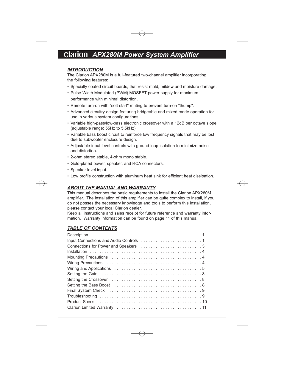 Apx280m power system amplifier | Clarion APX280M User Manual | Page 2 / 14