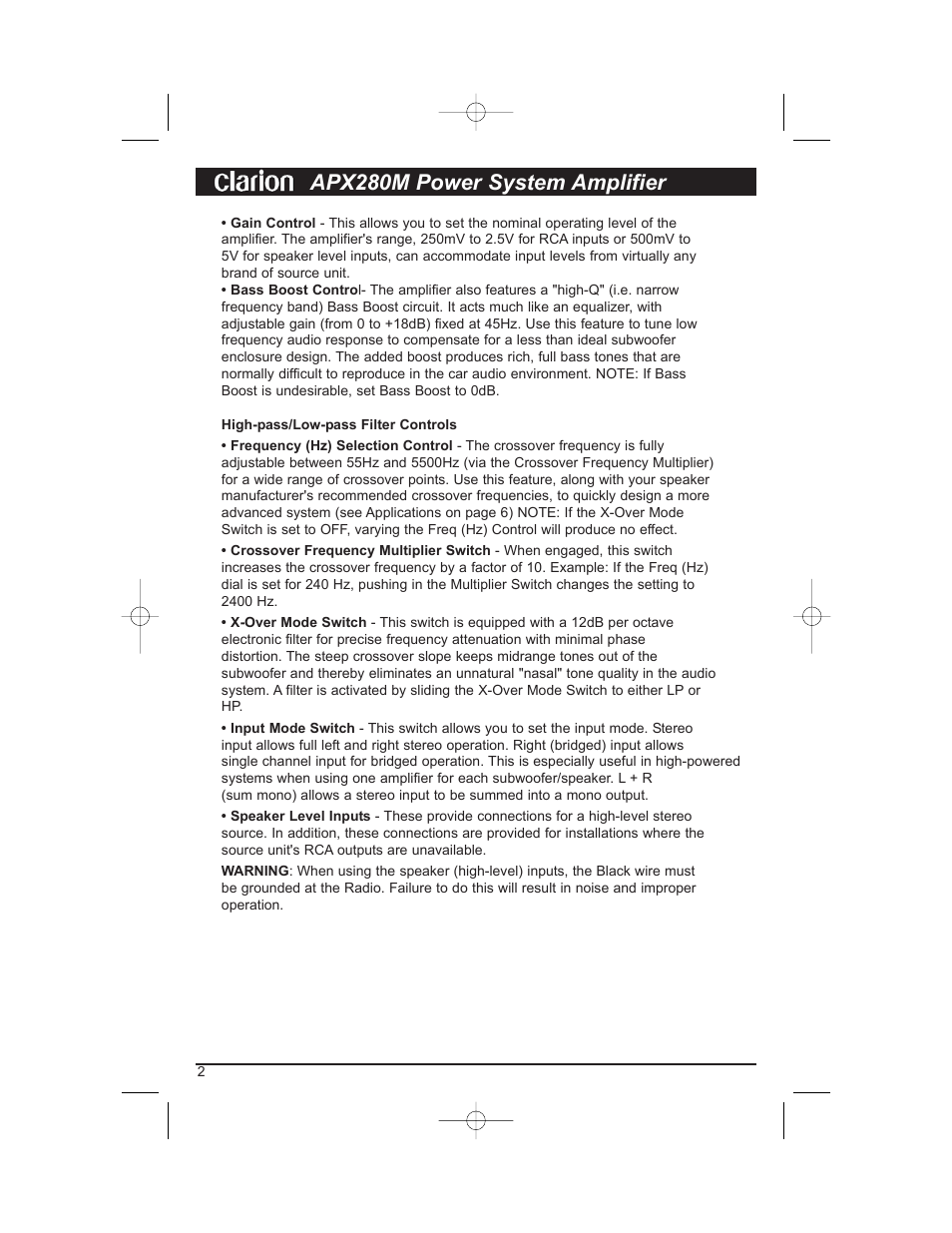 Apx280m power system amplifier | Clarion APX280M User Manual | Page 4 / 14