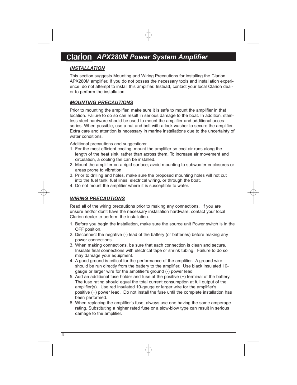 Apx280m power system amplifier | Clarion APX280M User Manual | Page 6 / 14