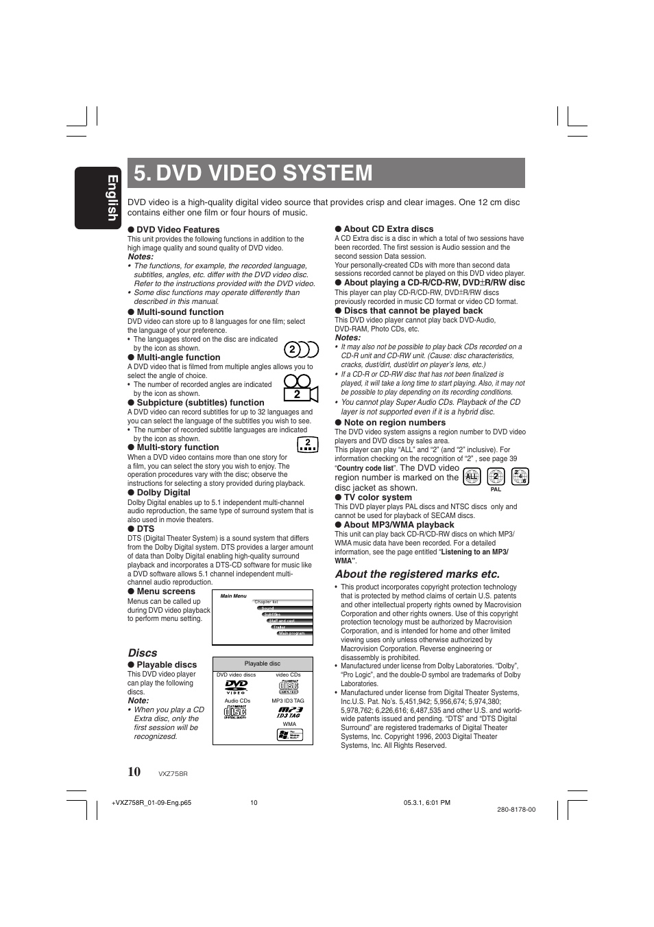 Dvd video system, English, Discs | About the registered marks etc | Clarion VXZ758R User Manual | Page 10 / 60