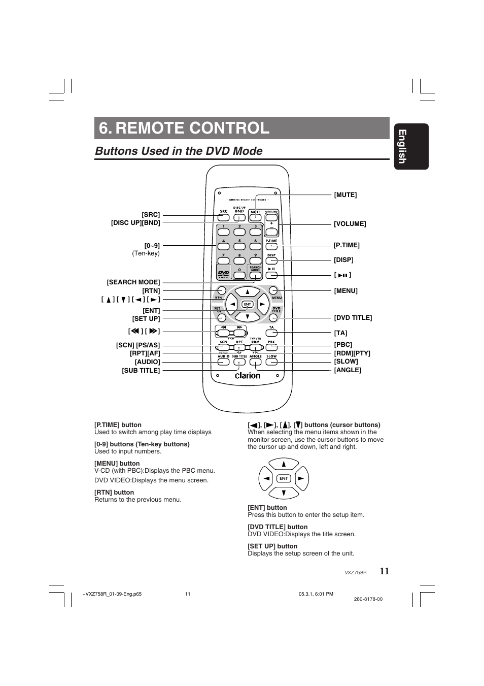 Remote control, Buttons used in the dvd mode, 11 english | Clarion VXZ758R User Manual | Page 11 / 60