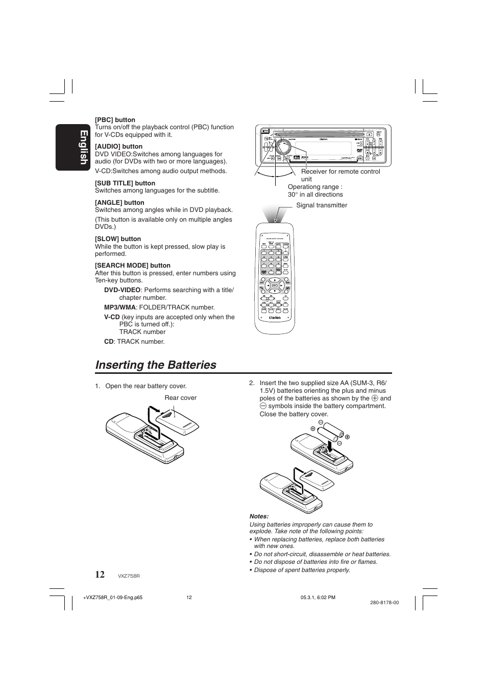 Inserting the batteries, English | Clarion VXZ758R User Manual | Page 12 / 60