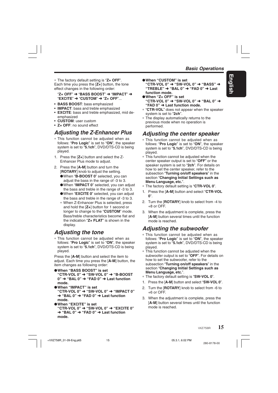 15 english, Adjusting the z-enhancer plus, Adjusting the tone | Adjusting the center speaker, Adjusting the subwoofer, Basic operations | Clarion VXZ758R User Manual | Page 15 / 60