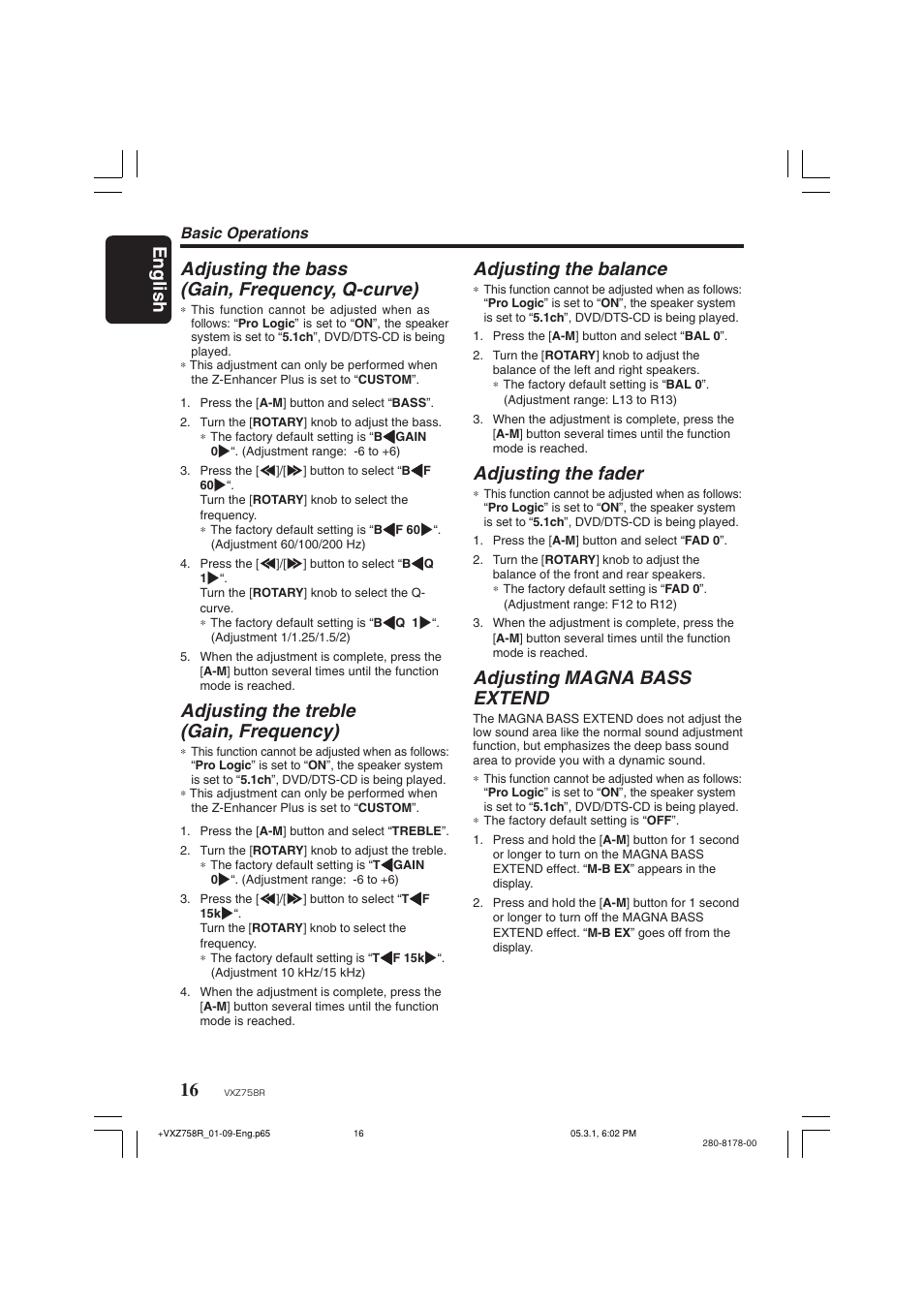 Adjusting the treble (gain, frequency), Adjusting the balance, Adjusting the fader | Adjusting magna bass extend, Basic operations | Clarion VXZ758R User Manual | Page 16 / 60