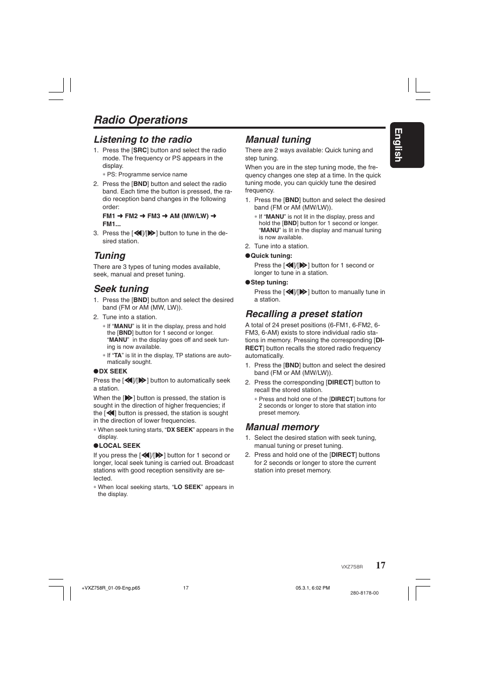 Radio operations, 17 english listening to the radio, Tuning | Seek tuning, Manual tuning, Recalling a preset station | Clarion VXZ758R User Manual | Page 17 / 60