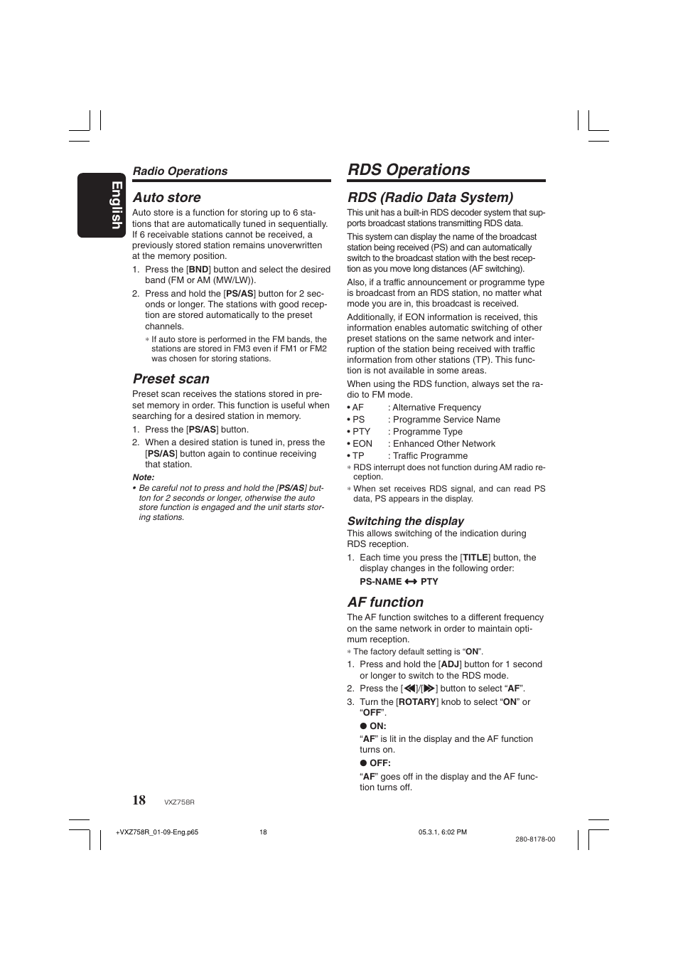 Rds operations, English rds (radio data system), Af function | Auto store, Preset scan | Clarion VXZ758R User Manual | Page 18 / 60