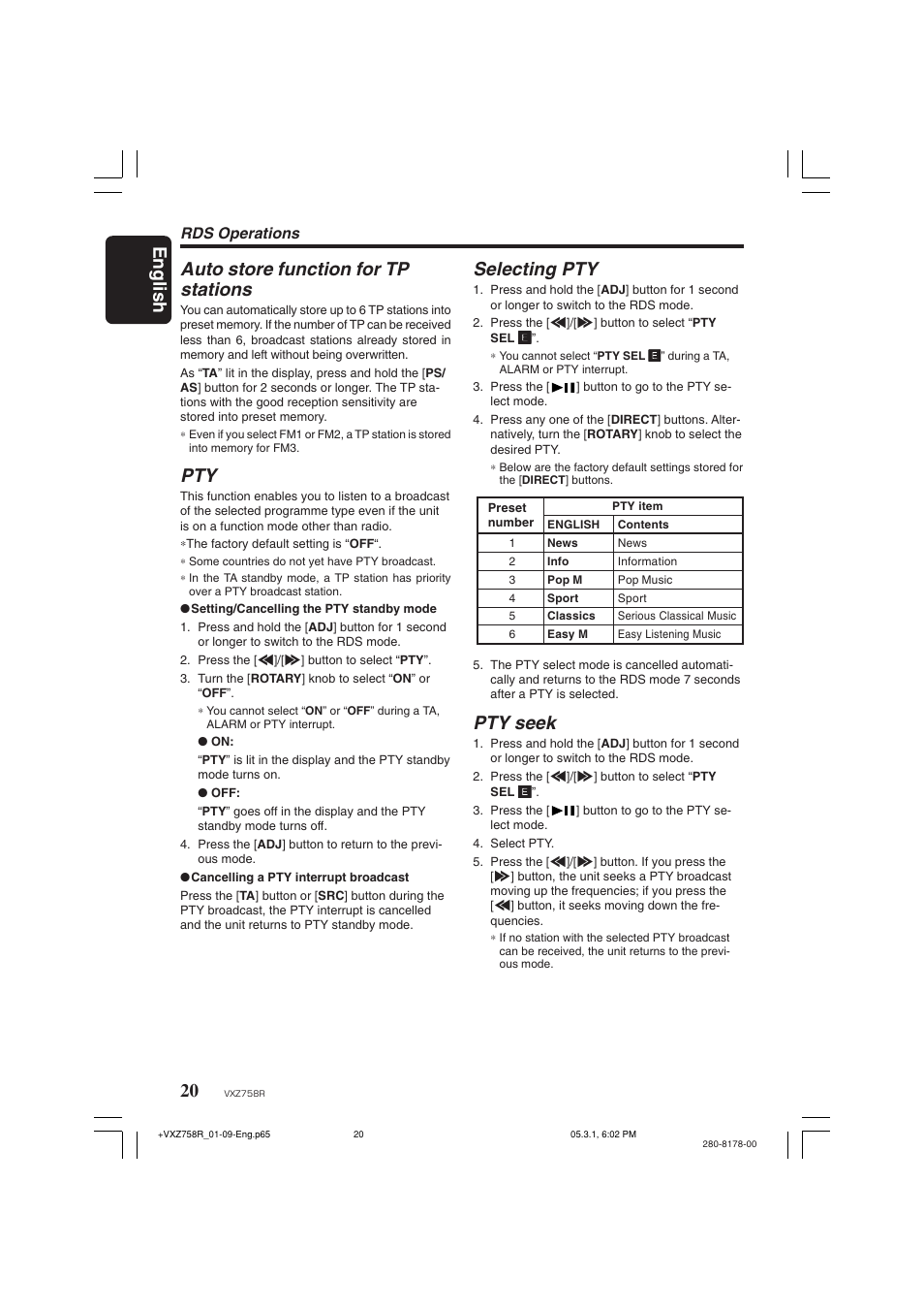 English, Auto store function for tp stations, Selecting pty | Pty seek, Rds operations | Clarion VXZ758R User Manual | Page 20 / 60