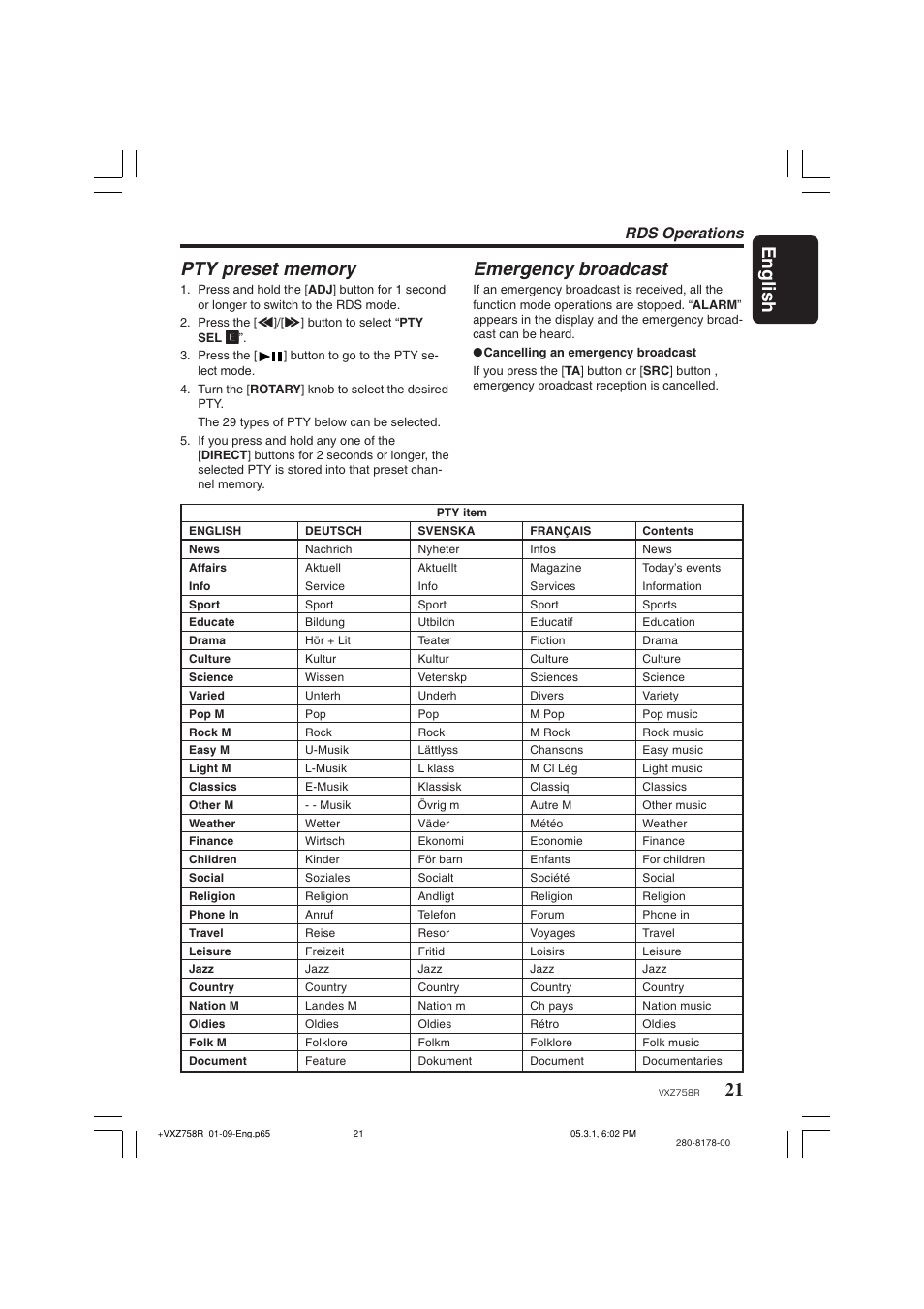 Emergency broadcast, Rds operations | Clarion VXZ758R User Manual | Page 21 / 60