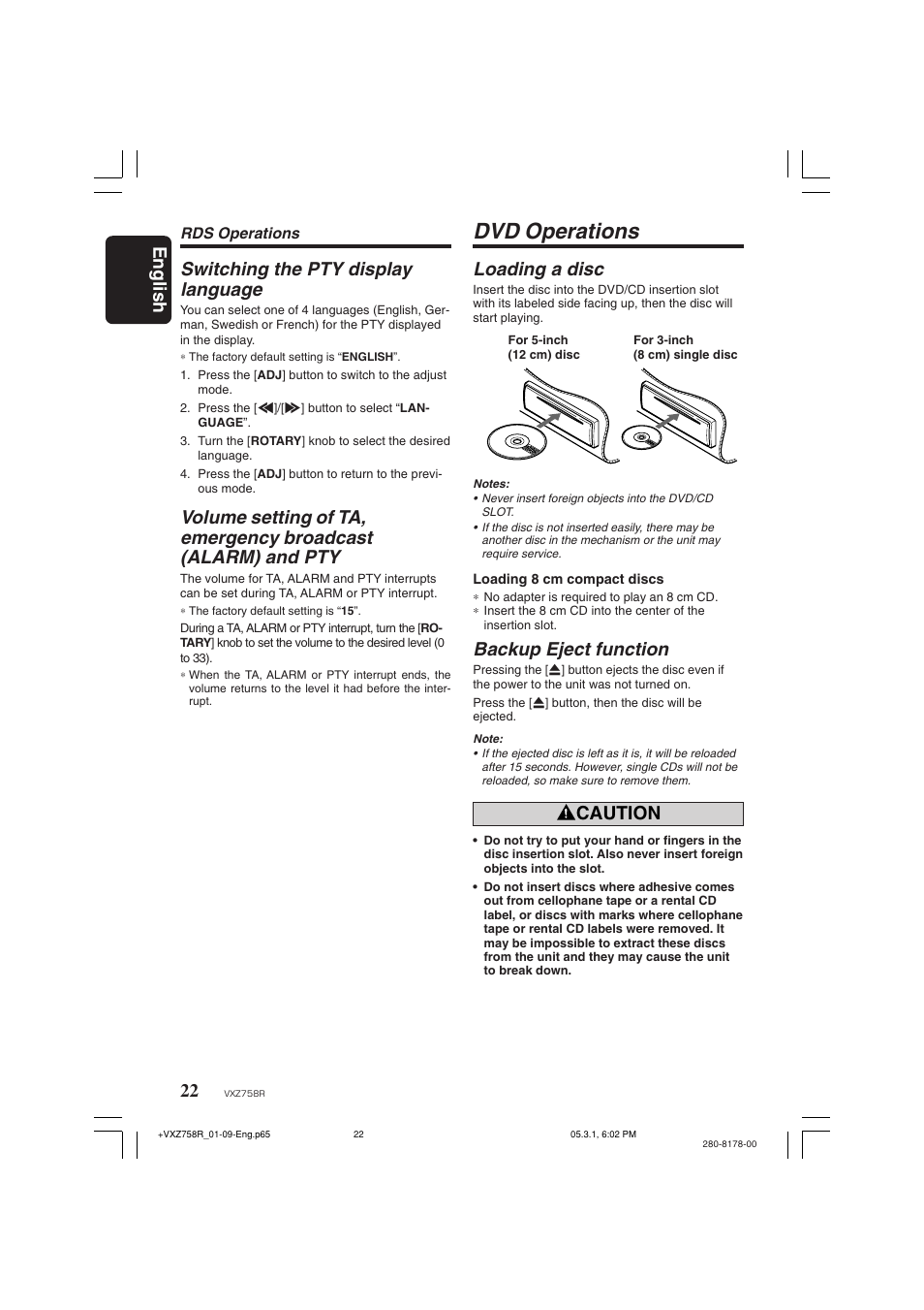 Dvd operations, English, Loading a disc | Backup eject function, Caution, Switching the pty display language | Clarion VXZ758R User Manual | Page 22 / 60
