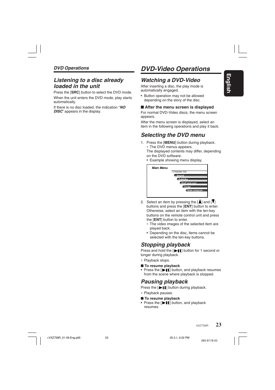 Dvd-video operations, Watching a dvd-video, Selecting the dvd menu | Stopping playback, Pausing playback | Clarion VXZ758R User Manual | Page 23 / 60