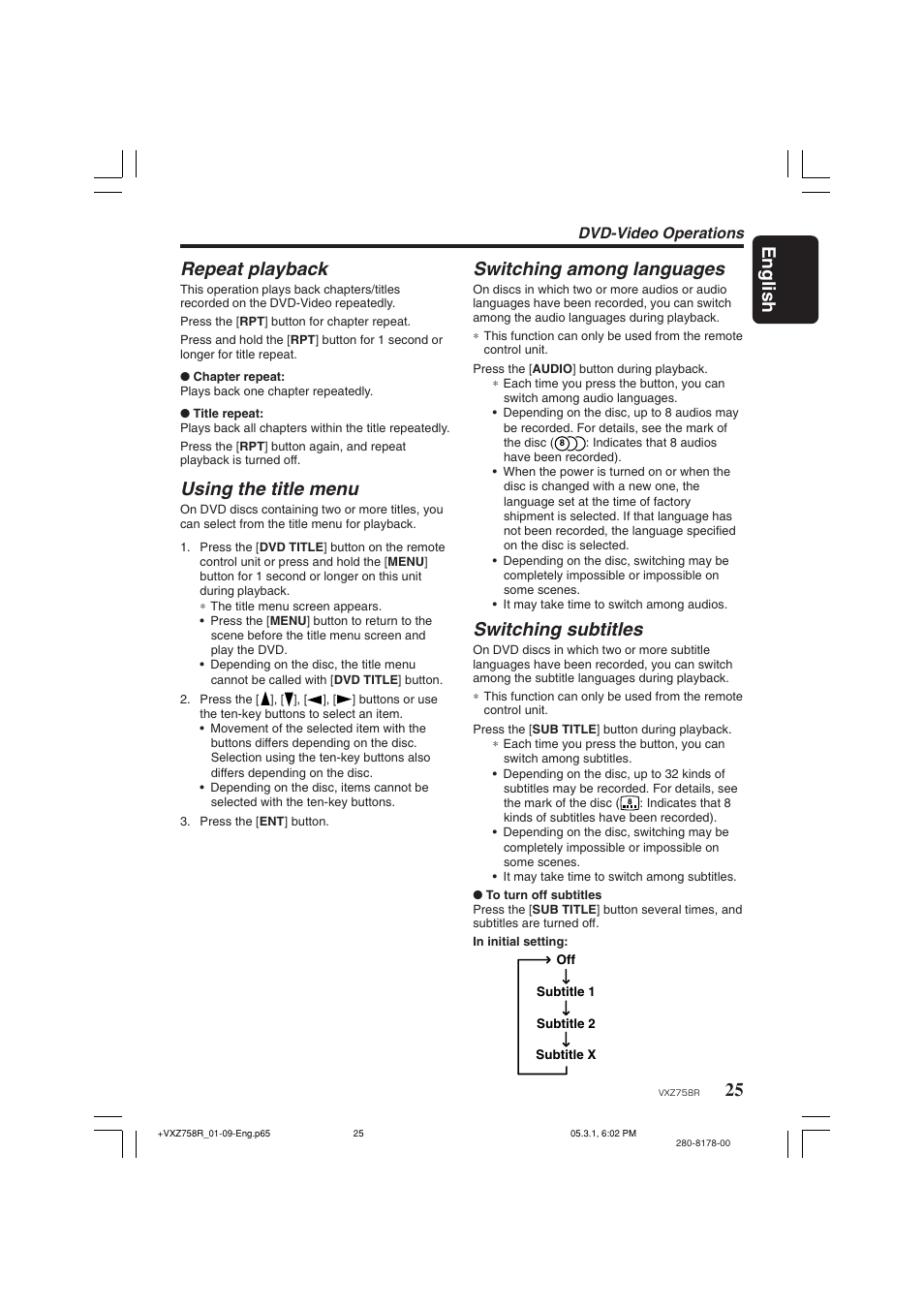 25 english repeat playback, Using the title menu, Switching among languages | Switching subtitles, Dvd-video operations | Clarion VXZ758R User Manual | Page 25 / 60