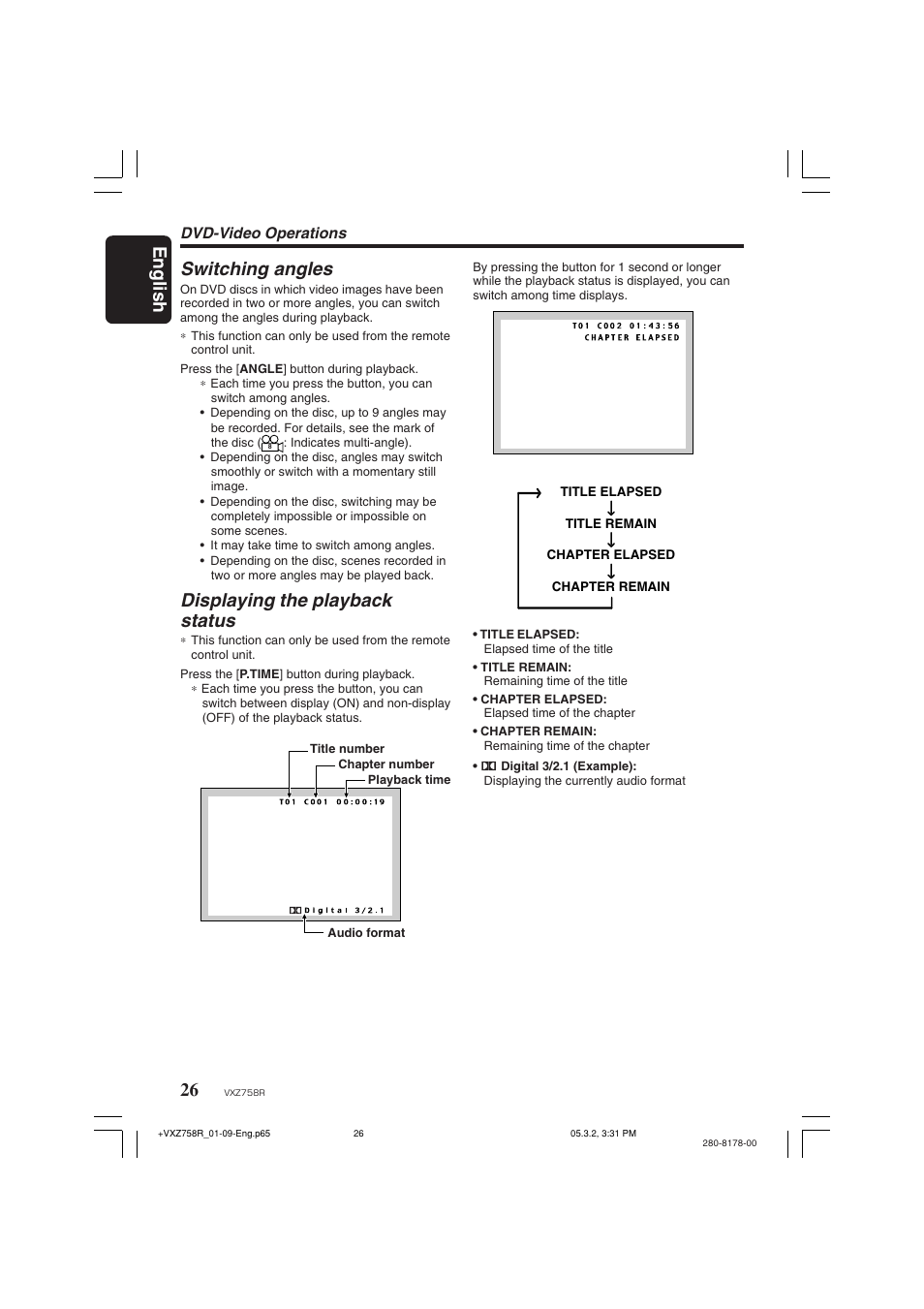 English, Switching angles, Displaying the playback status | Dvd-video operations | Clarion VXZ758R User Manual | Page 26 / 60