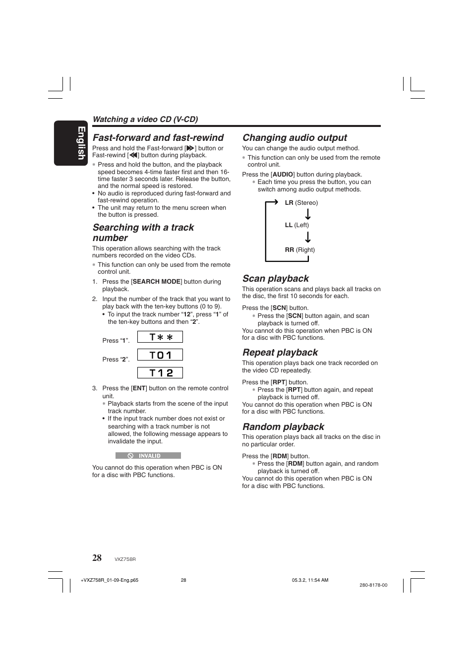 English fast-forward and fast-rewind, Searching with a track number, Changing audio output | Scan playback, Repeat playback, Random playback | Clarion VXZ758R User Manual | Page 28 / 60