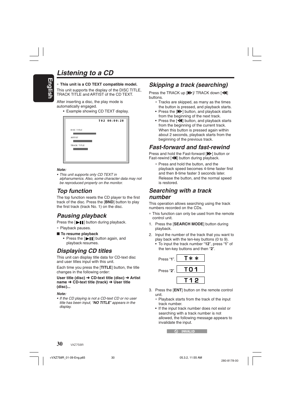 Listening to a cd, English, Top function | Pausing playback, Displaying cd titles, Skipping a track (searching), Fast-forward and fast-rewind, Searching with a track number | Clarion VXZ758R User Manual | Page 30 / 60