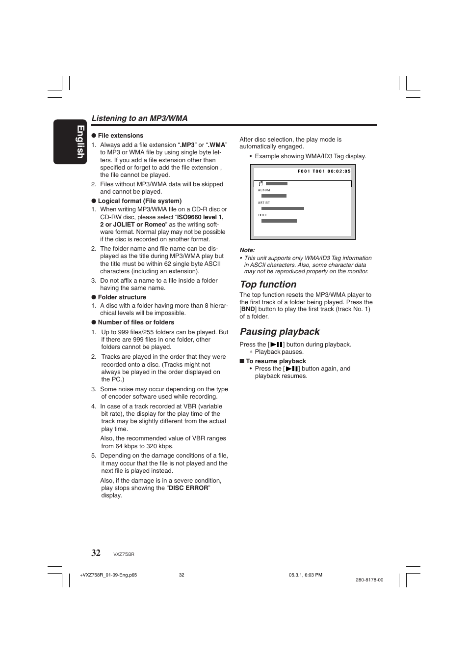 English, Top function, Pausing playback | Listening to an mp3/wma | Clarion VXZ758R User Manual | Page 32 / 60