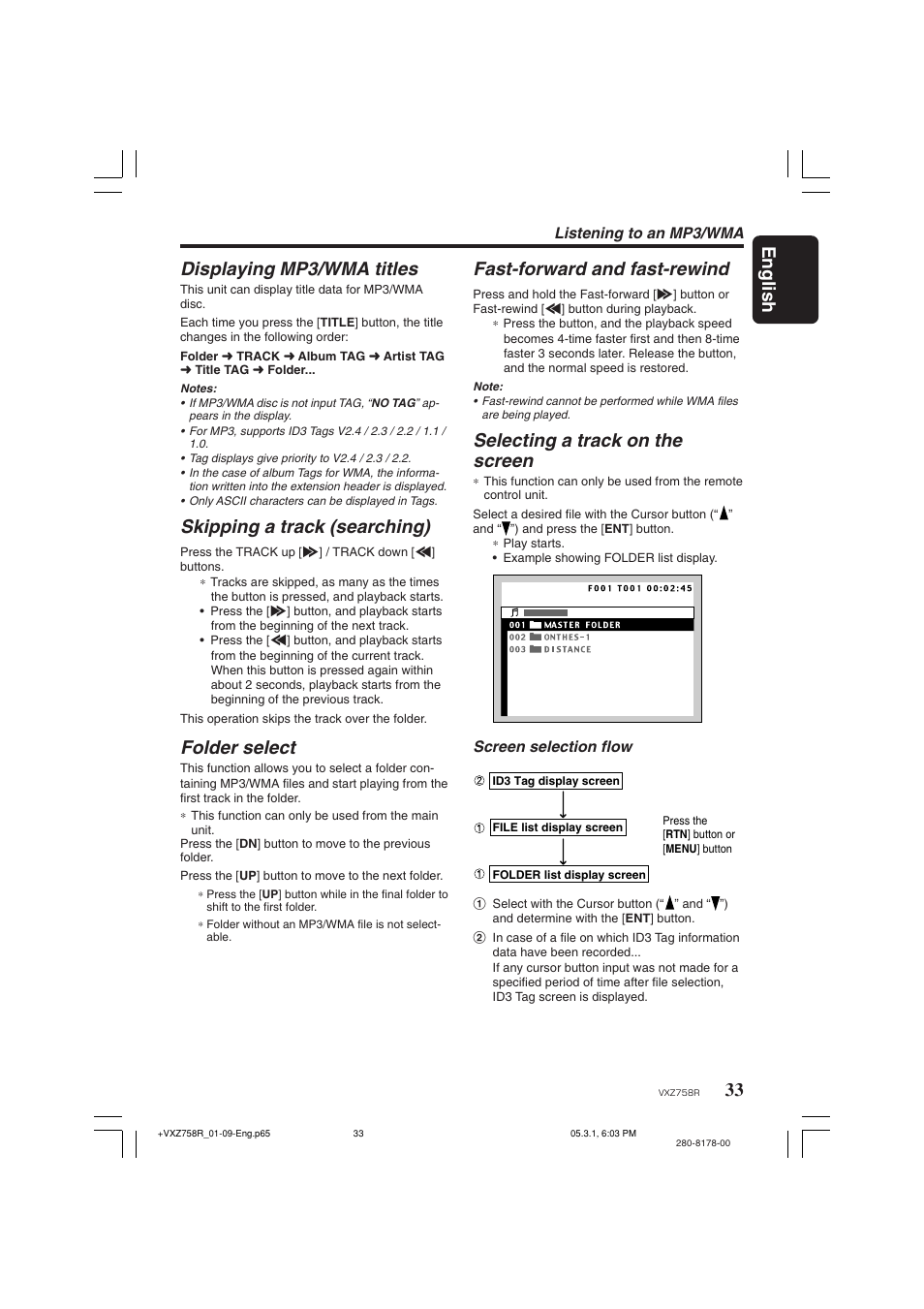 33 english, Displaying mp3/wma titles, Skipping a track (searching) | Folder select, Fast-forward and fast-rewind, Selecting a track on the screen | Clarion VXZ758R User Manual | Page 33 / 60