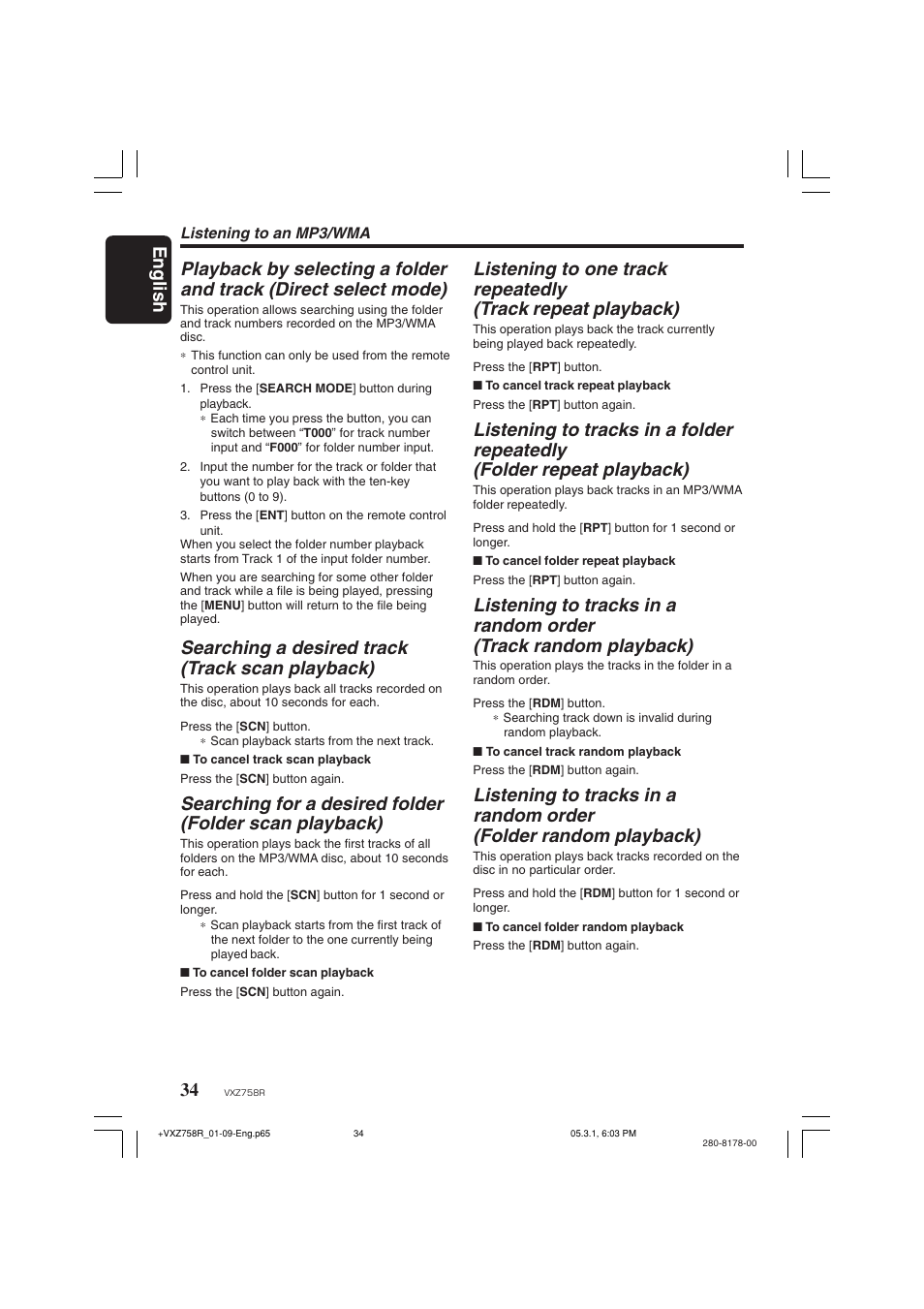English, Searching a desired track (track scan playback) | Clarion VXZ758R User Manual | Page 34 / 60