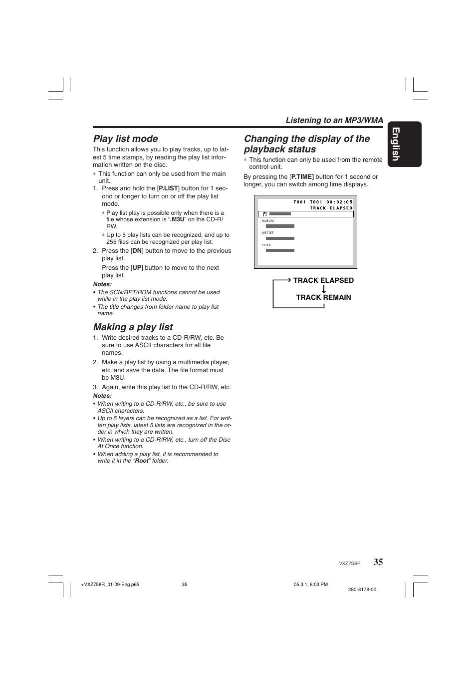 35 english, Play list mode, Making a play list | Changing the display of the playback status | Clarion VXZ758R User Manual | Page 35 / 60