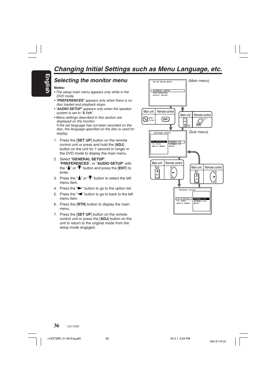English, Selecting the monitor menu | Clarion VXZ758R User Manual | Page 36 / 60