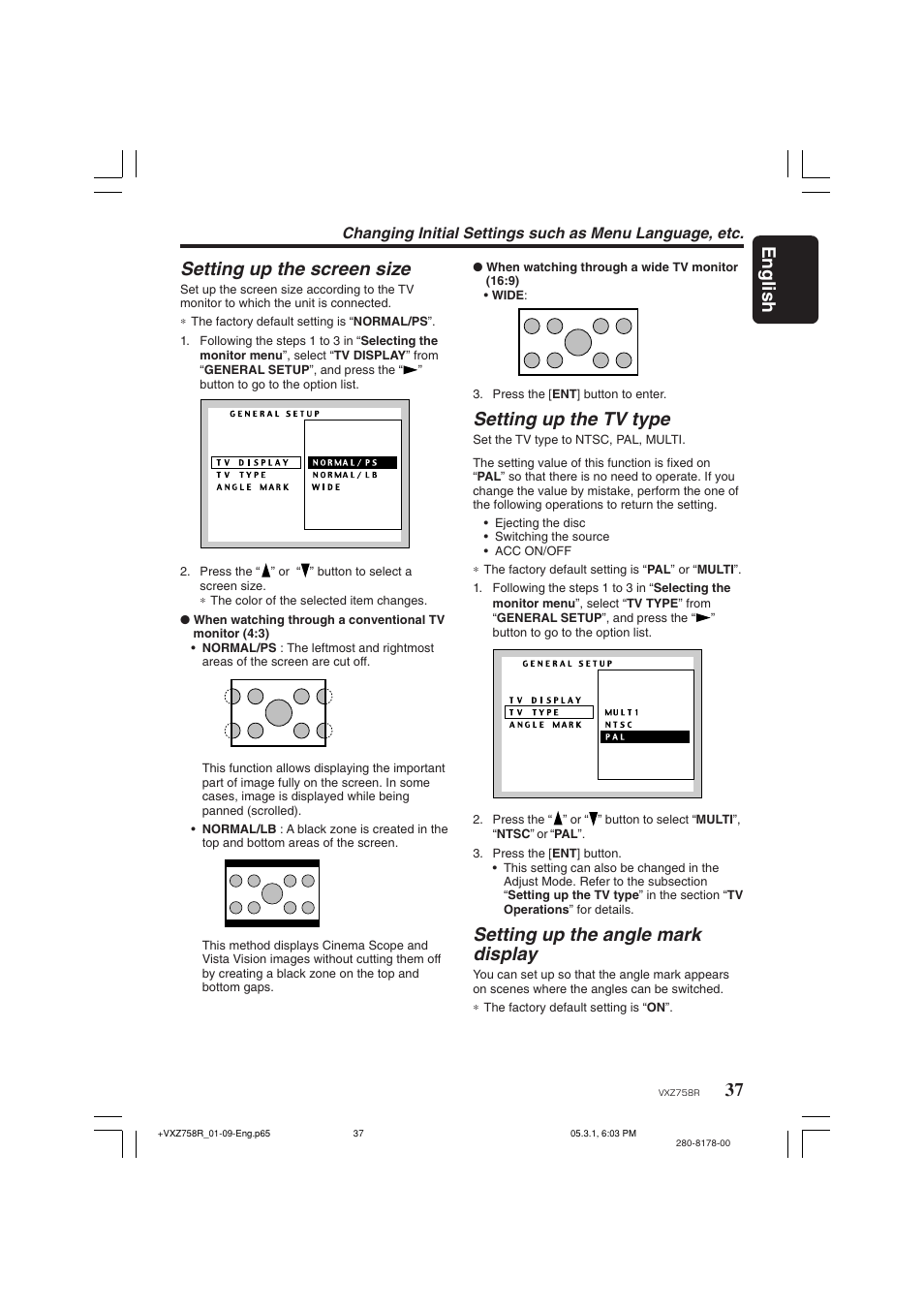 37 english, Setting up the screen size, Setting up the tv type | Setting up the angle mark display | Clarion VXZ758R User Manual | Page 37 / 60