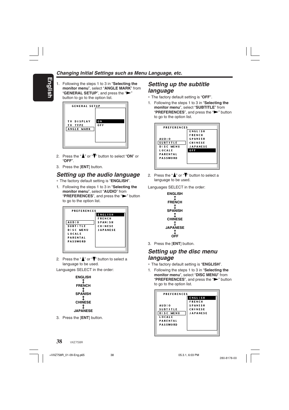 English setting up the subtitle language, Setting up the disc menu language, Setting up the audio language | Clarion VXZ758R User Manual | Page 38 / 60