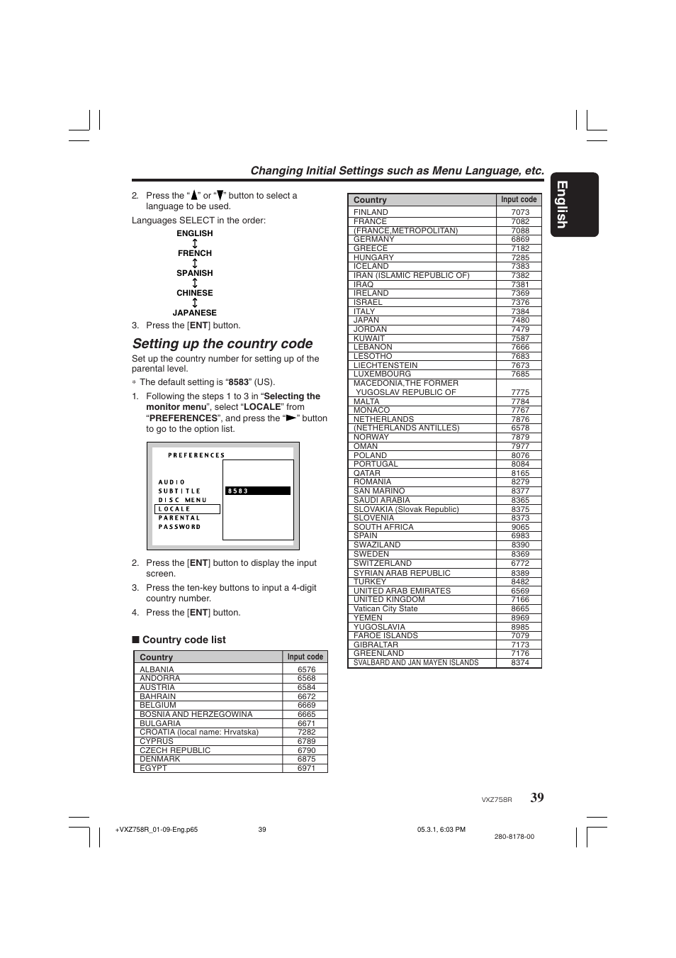 39 english, Setting up the country code | Clarion VXZ758R User Manual | Page 39 / 60