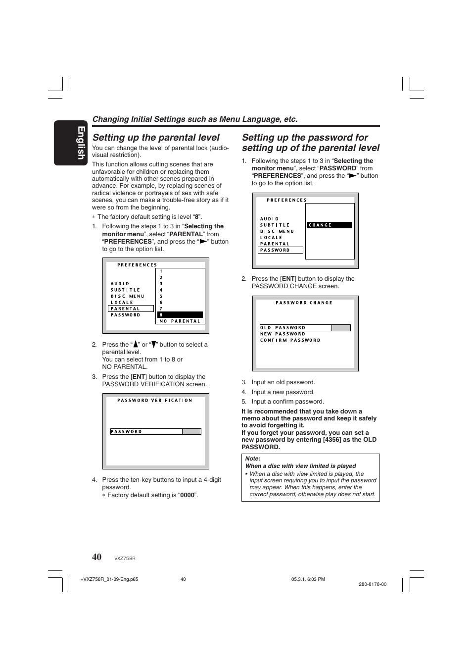 Setting up the parental level | Clarion VXZ758R User Manual | Page 40 / 60