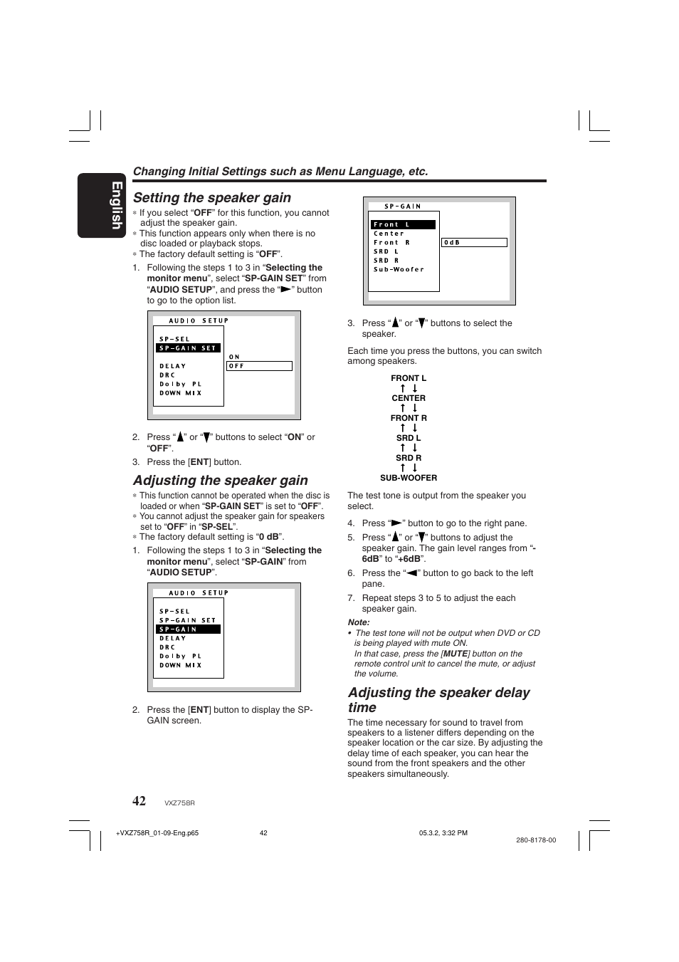 English setting the speaker gain, Adjusting the speaker gain, Adjusting the speaker delay time | Clarion VXZ758R User Manual | Page 42 / 60