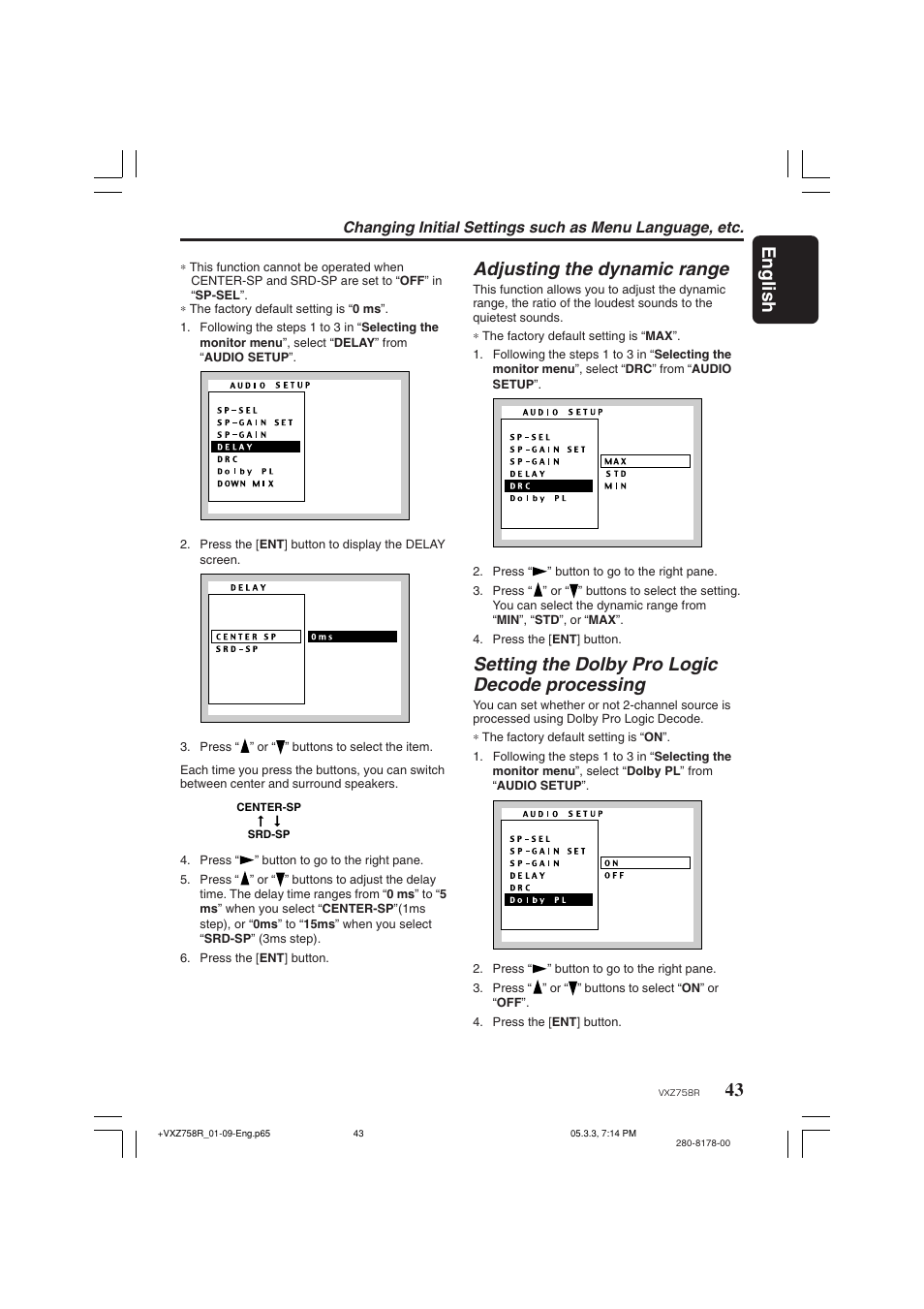 43 english, Adjusting the dynamic range, Setting the dolby pro logic decode processing | Clarion VXZ758R User Manual | Page 43 / 60