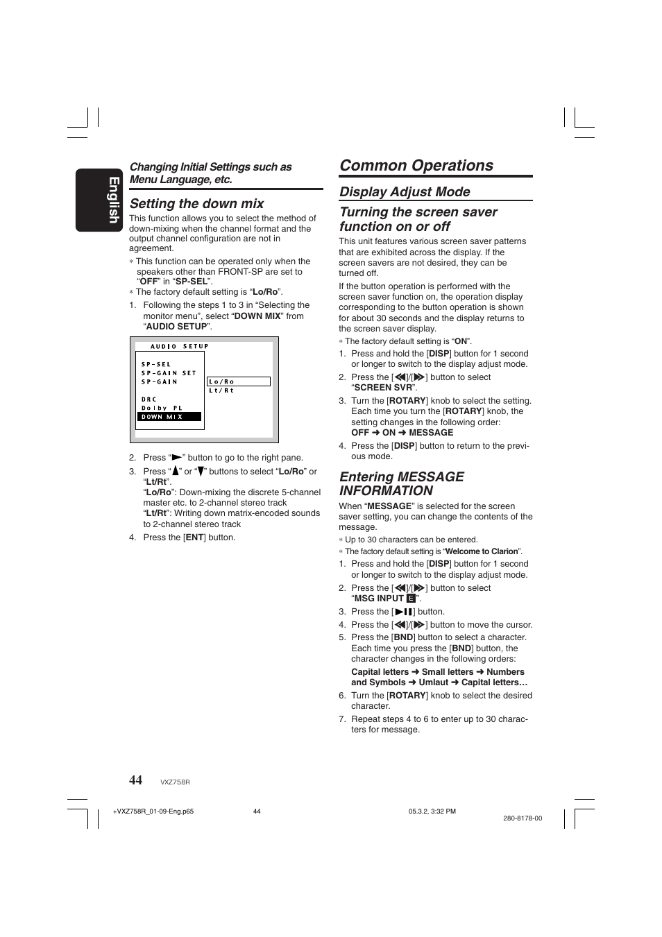 Common operations, Display adjust mode, Entering message information | Setting the down mix | Clarion VXZ758R User Manual | Page 44 / 60