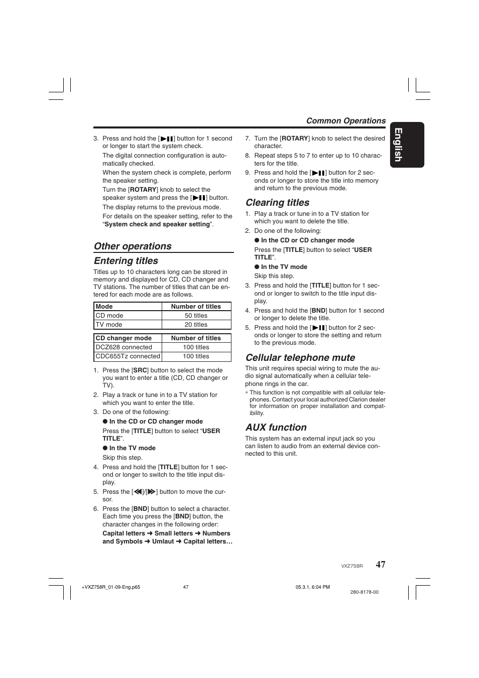 Other operations, 47 english, Other operations entering titles | Clearing titles, Cellular telephone mute, Aux function, Common operations | Clarion VXZ758R User Manual | Page 47 / 60