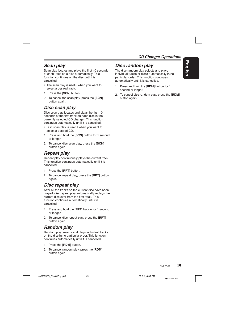 49 english scan play, Disc scan play, Repeat play | Disc repeat play, Random play, Disc random play | Clarion VXZ758R User Manual | Page 49 / 60