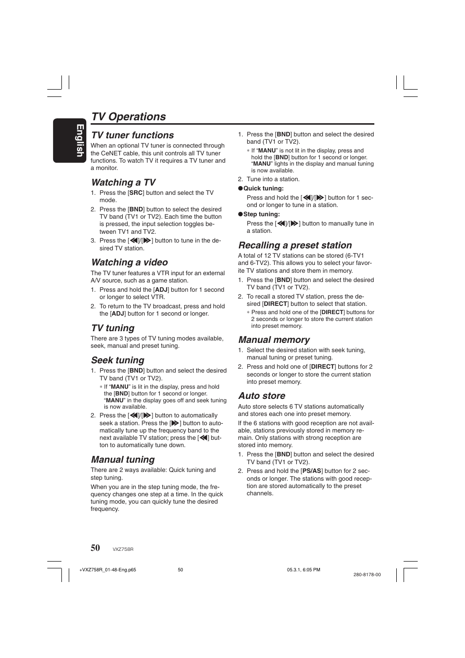 Tv operations, English, Tv tuner functions | Watching a tv, Watching a video, Tv tuning, Seek tuning, Manual tuning, Recalling a preset station, Auto store | Clarion VXZ758R User Manual | Page 50 / 60